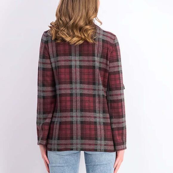 BB Dakota Checkered Cardigan in Burgundy Combo Size Medium - Picture 6 of 6